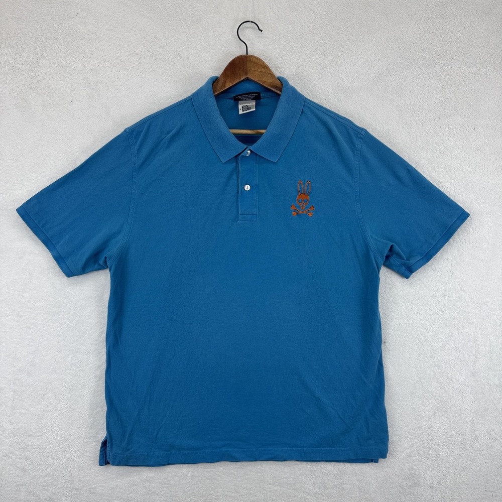 Psycho Bunny Polo Shirt Mens 4XL‎ Blue Pima Cotton Embroidered Bunny Skull Logo